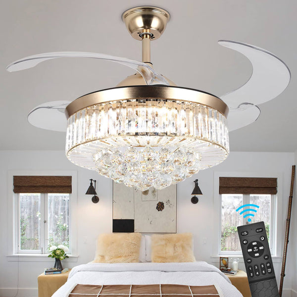 Panghuhu88 36" Invisible Ceiling Fan Chandelier Light, Modern Crystal Ceiling Fan Light Remote 4 Retractable ABS Blades for Bedroom Living Room