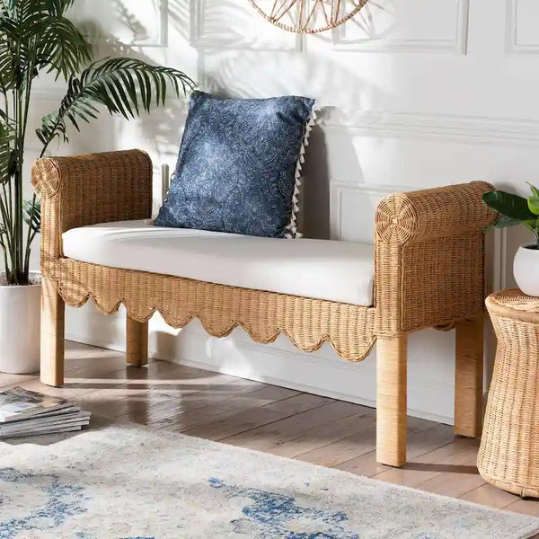 Reiko Handcrafted Natural Rattan Bench with Scalloped Design Boho Farmhouse Seating for Entryway, Bedroom, or Living Room