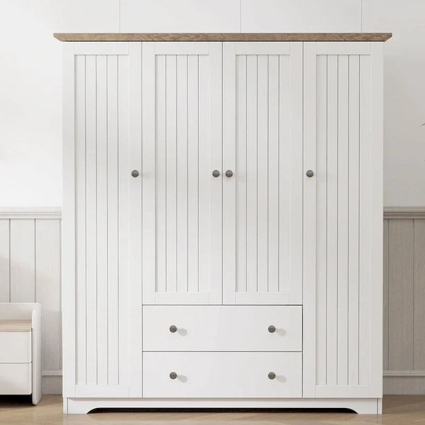 Freestanding 4 Door Wardrobe Armoire with 2 Drawers and Hanging Rods for Clothes Storage