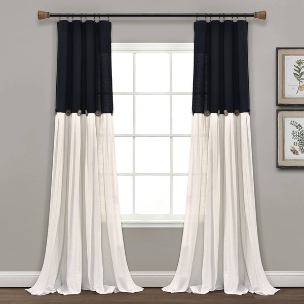 Lush Decor Linen Button Single Panel Window Curtain 84"L x 40"W Black & White