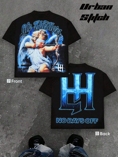 Men's Life Hustler's "No Days Off" Blindfolded Cherub Rhinestone Oversized Black T-Shirt