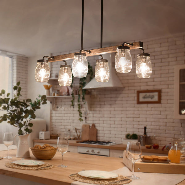 Modern Farmhouse 6-Light Chandelier Glass Bar Kitchen Island Lights L27.5 inch x W11 inchx H 71.5 inch, Size: L27.5 x W11x H 71.5, Brown