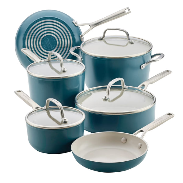 Kitchenaid Hard Anodized 10 Pcs Ceramic Induction Cookware Set, Dishwasher Safe and Oven Safe to 500F, Agave Blue