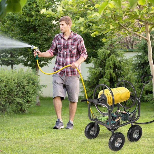 Portable Garden Hose Reel Cart Holds 300FT of 5/8" Large Capacity, Heavy Duty Metal Hose Cart with 4 Wheels & Storage Basket for Lawn Yard