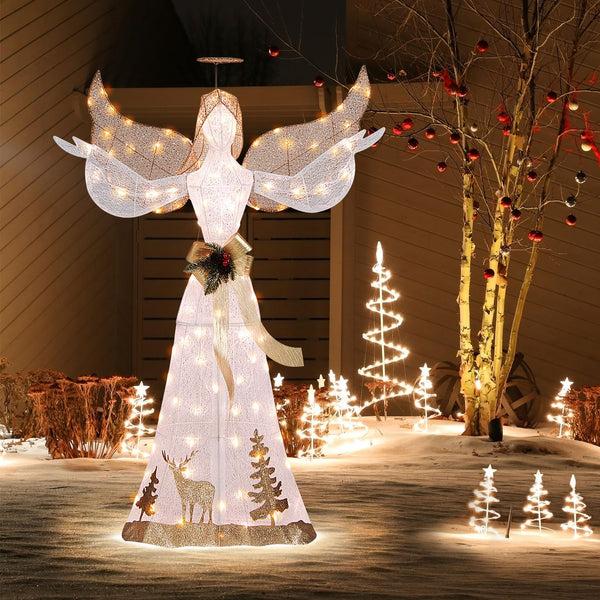 Tangkula 5 FT Lighted Christmas Angel, Outdoor Pre lit 3D Glittered Angel with 100 Warm White Lights