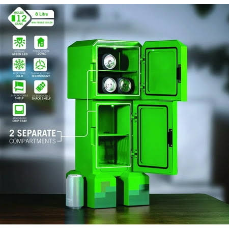 Minecraft 18053 Green Creeper Body 12-Can Mini Fridge 8L 2 Door Ambient Lighting 25.2" H 9.5" W 9.1" D