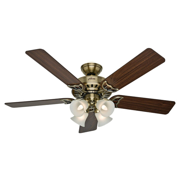 Hunter Studio Series 52" Ceiling Fan with 4-Light Kit Antique Brass Walnut/Medium Oak Blades