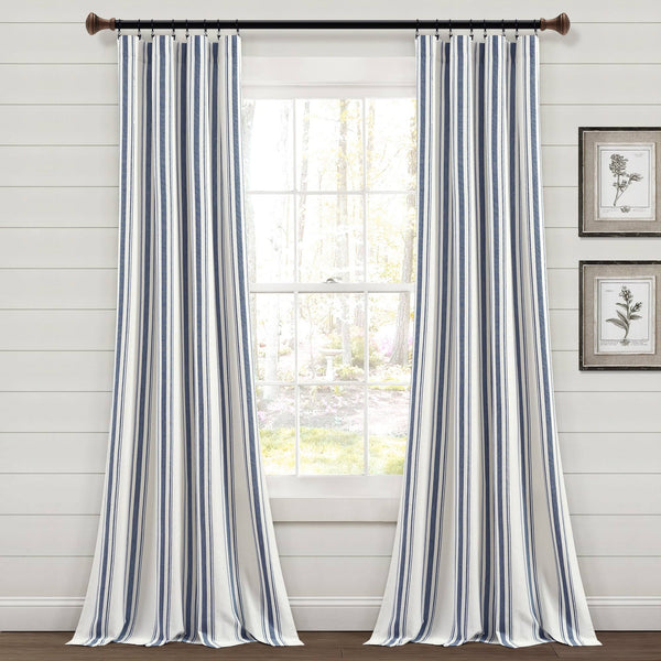 Lush Decor Farmhouse Stripe Yarn Dyed Cotton Window Curtain Panel Pair 84" x 42" Navy