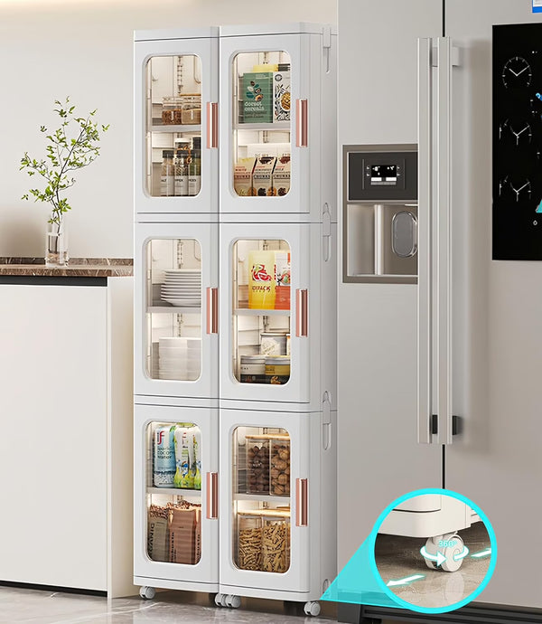 Slim Kitchen Pantry Storage Cabinet with Doors and Shelves, 3 Tiers Plastic Narrow Storage Organizer Collapsible
