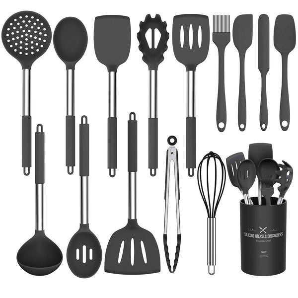 Silicone Cooking Utensil Set, Umite Chef 15pcs Silicone Cooking Kitchen Utensils Set, Non Stick Best Kitchen Cookware with Stainless Steel Handle