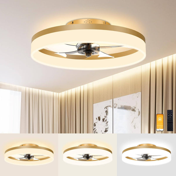 VOLISUN Low Profile Ceiling Fans with Lights and Remote, 19.7in Fandelier Ceiling Fan Flush Mount, 3000K 6500K Smart Bladeless LED Fan Light, Gold