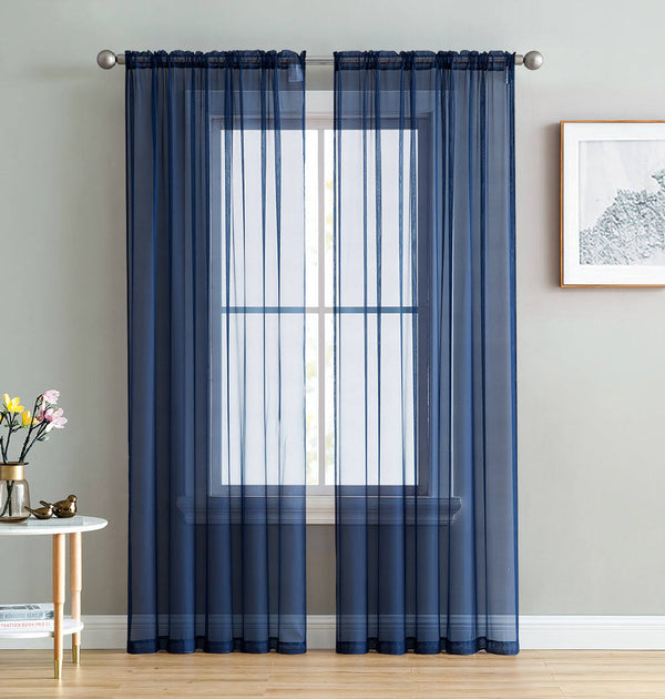 HLC.ME Sheer Voile Window Treatment Rod Pocket Curtain Panels for Bedroom and Living Room (Set of 2) Navy Blue/54 W x 54 L