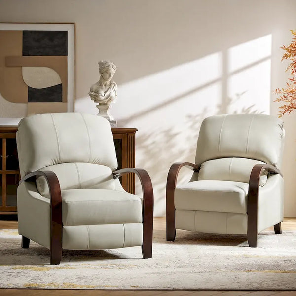 Set of 2 Alex Mid Century Modern Genuine Leather Manual Recliners with Curved Wooden Arms