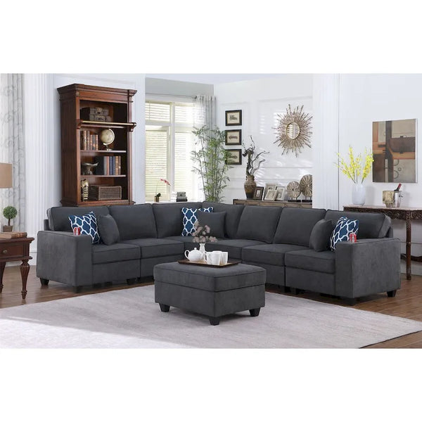 Stone Gray 7-Piece L Shaped Sectional Sofa Set with Ottoman