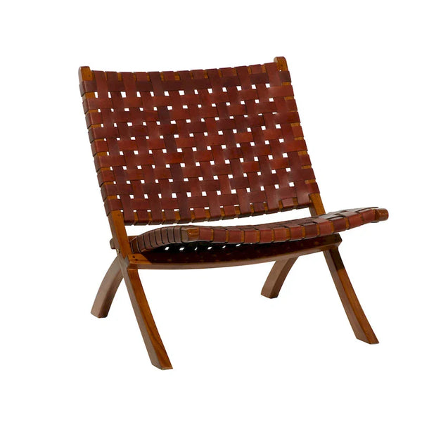 Woven Leather Folding Chair with Brown Wood Frame Available in Black or Brown Roche River Decor