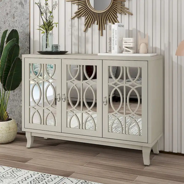 Mirrored Buffet Cabinet with Glass Doors and Silver Handles 3 Door Sideboard for Living Room, Hallway, and Dining Room