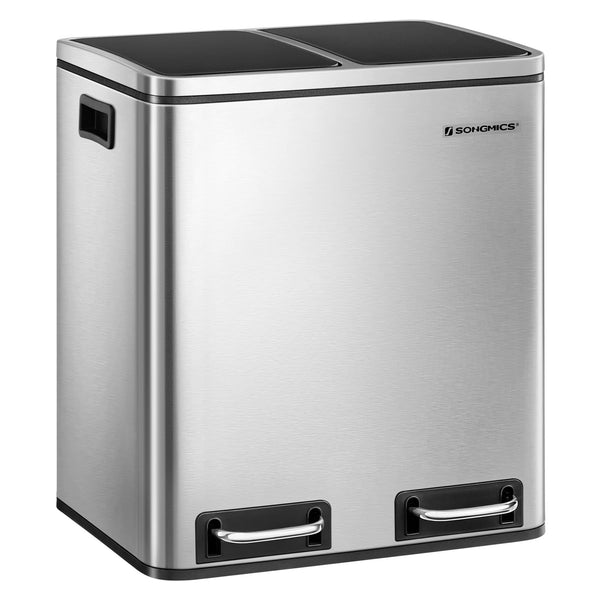 SONGMICS Trash Can, 2 x 4 Gallon Dual Compartment Garbage Can, 8 Gallon Recycle Bin for Small Kitchens, Silver