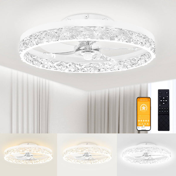 VOLISUN Modern Ceiling Fans with Lights and Remote, 19.7in Low Profile Ceiling Fan Flush Mount, 3000K 6500K Dimmable Bladeless LED Fan Light, White