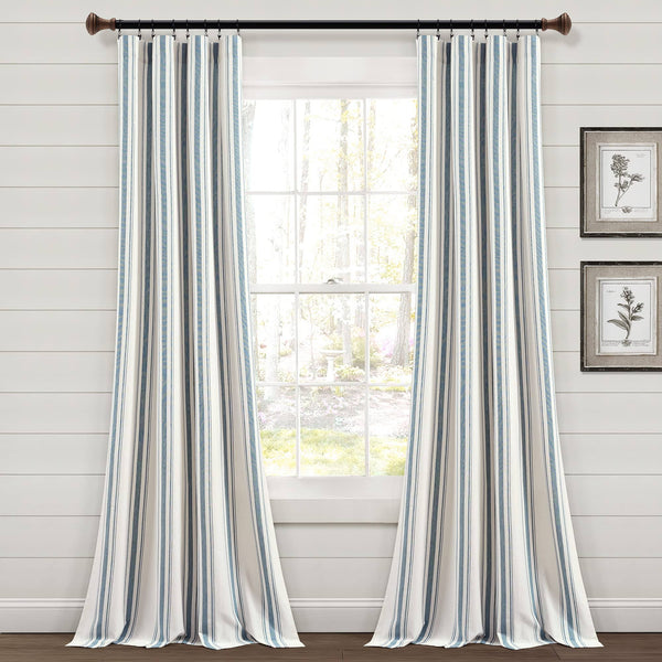 Lush Decor Farmhouse Stripe Yarn Dyed Cotton Window Curtain Panel Pair 84" x 42" Blue