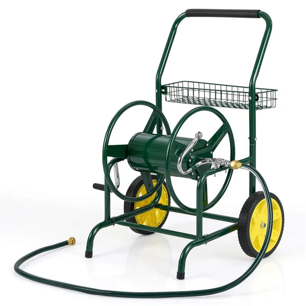 Garden Hose Reel Cart Holds 230FT of 5/8" Hose, Heavy Duty Hose Cart with 2 Wheels & Storage Basket, Portable Water Hose Organizer for Yard