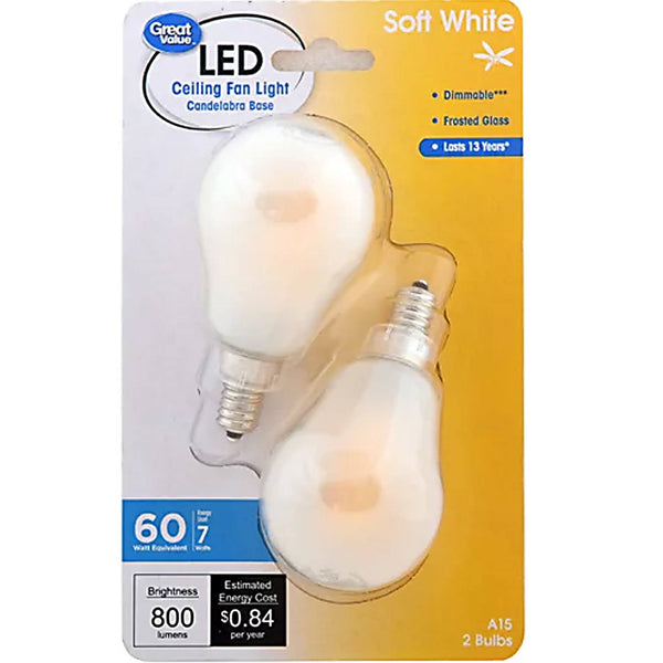 Great Value LED Ceiling Fan Bulb, 7 Watt (60W Equivalent) A15 with E12 Base Soft White, 2 Pack