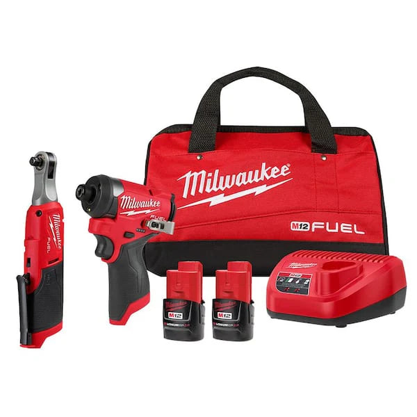 M12 FUEL 12V Lithium Ion Cordless 3/8 In. Ratchet and 1/4 In. Impact Driver Kit (2 Tool) W/Batteries, Charger & Bag