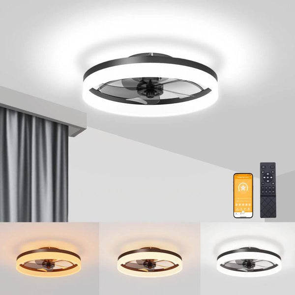 VOLISUN Low Profile Ceiling Fans with Lights and Remote, 19.7in Fandelier Ceiling Fan Flush Mount, 3000K 6500K Smart Bladeless LED Fan Light, White