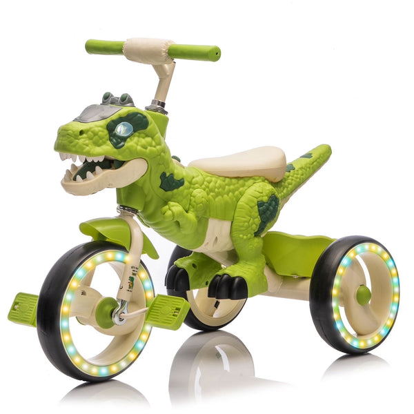 Xuanlur Kids Ride on Dinosaur Tricycle, Toddlers Kid Trike with Wide Flash Wheels, Anti Slip Pedals, Rear Basket, Music & LED Lights, Toddler Bike